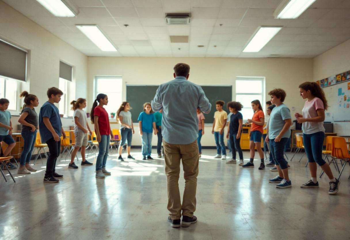 Middle-school teacher in casual button-down shirt and khakis seen from behind leading ten to thirteen-year-olds in blue 