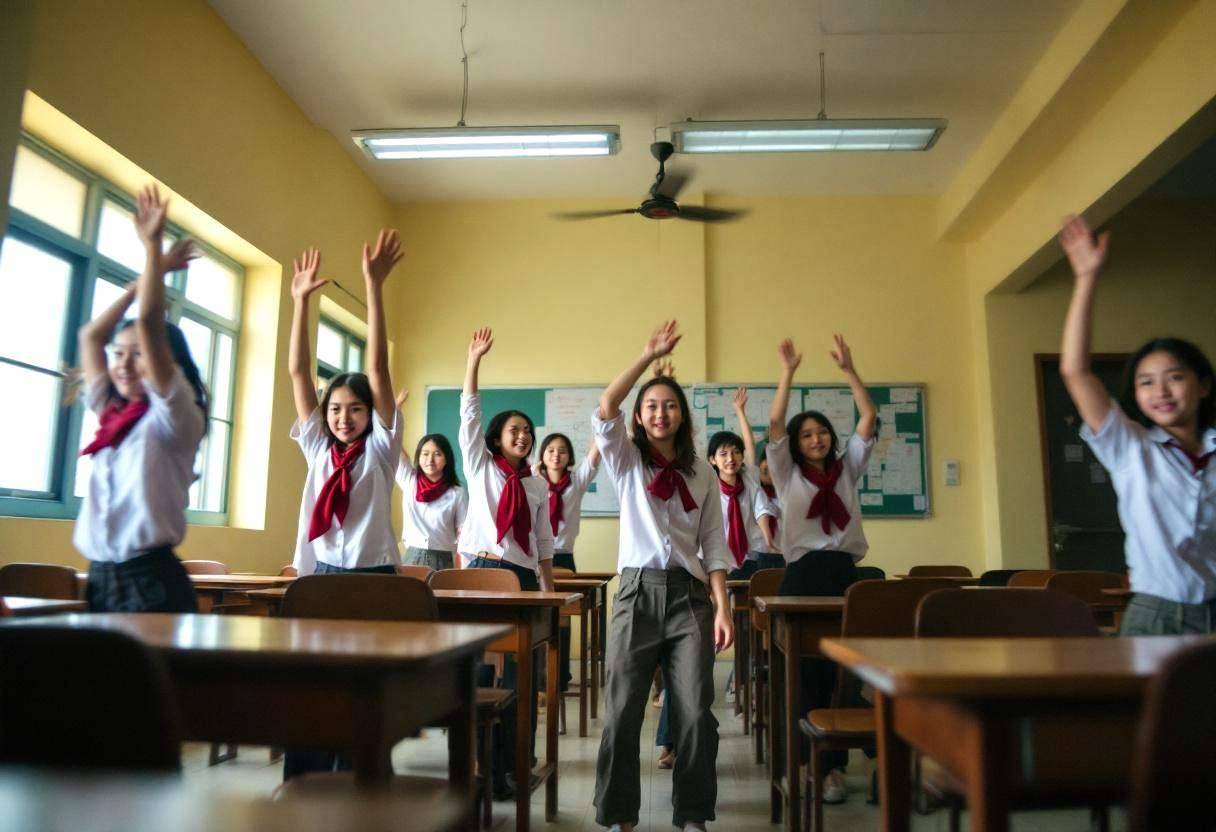 Preteen Vietnamese students ages 10-13 in white button-down shirts and red neck scarves practicing coordinated dance mov