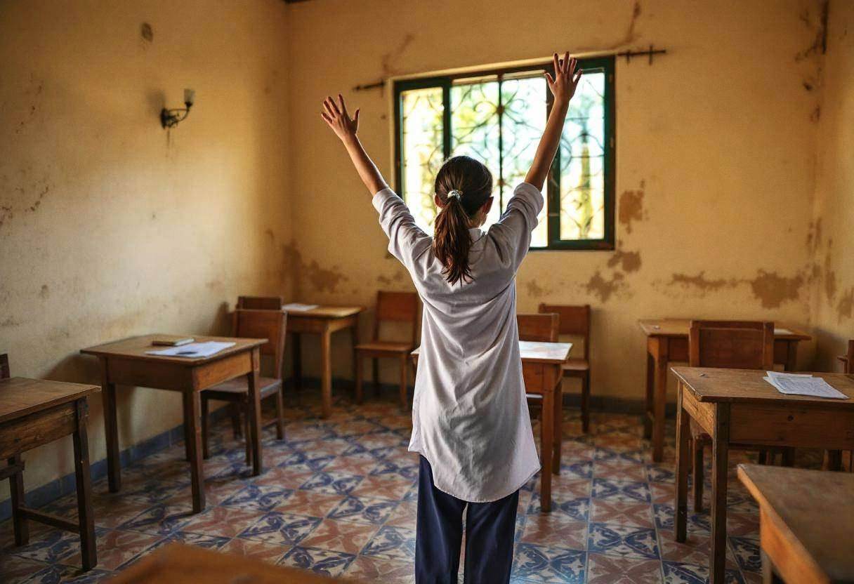 One preteen girl around age 11 in a white cotton tunic and navy trousers practicing dance movements with arms raised mid
