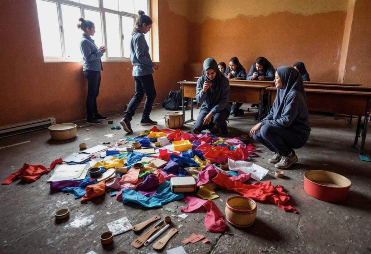 Dance supplies and props scattered across a scuffed concrete floor in a Peruvian highland classroom with warm ochre adob