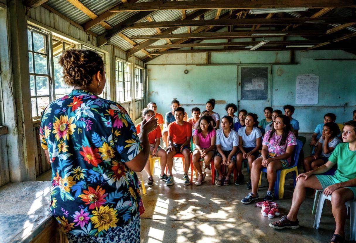 A Pacific Islander teacher in a bright floral blouse seen from behind gesturing to preteen students ages 10-13 in colorf