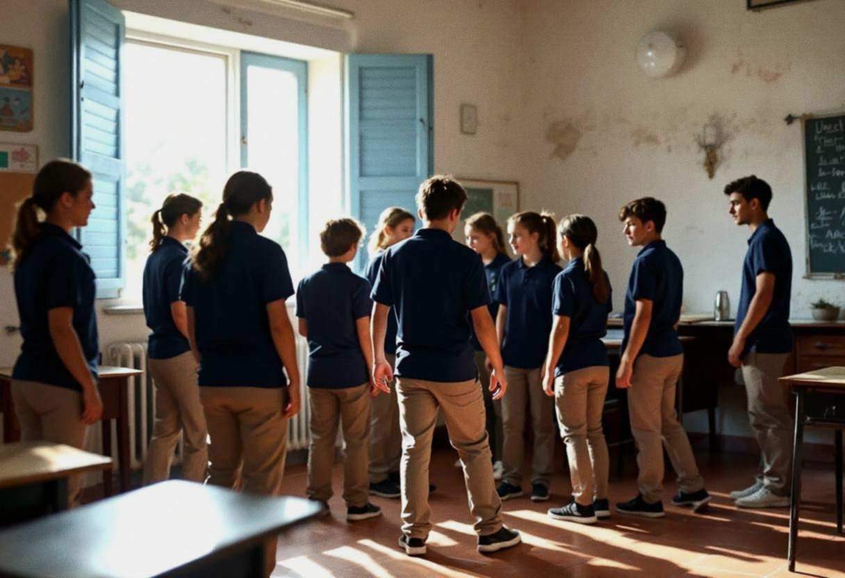 Ten preteen students in navy polo shirts and khaki trousers frozen mid-pose during drama activity