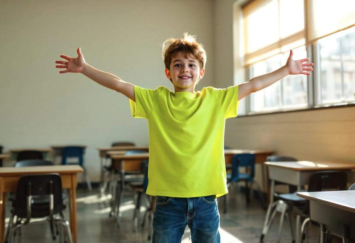 Small round-faced eleven-year-old in a bright cotton t-shirt and jeans frozen mid-pose with arms outstretched in a US pu