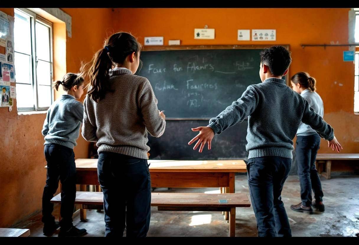 Preteens ages 10 to 13 in knit wool sweaters and dark trousers creating freeze-frame tableaus about fairness