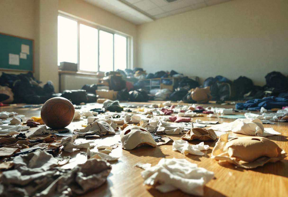 Drama props and costume pieces scattered across light wood flooring in a Japanese public-school classroom with pale crea