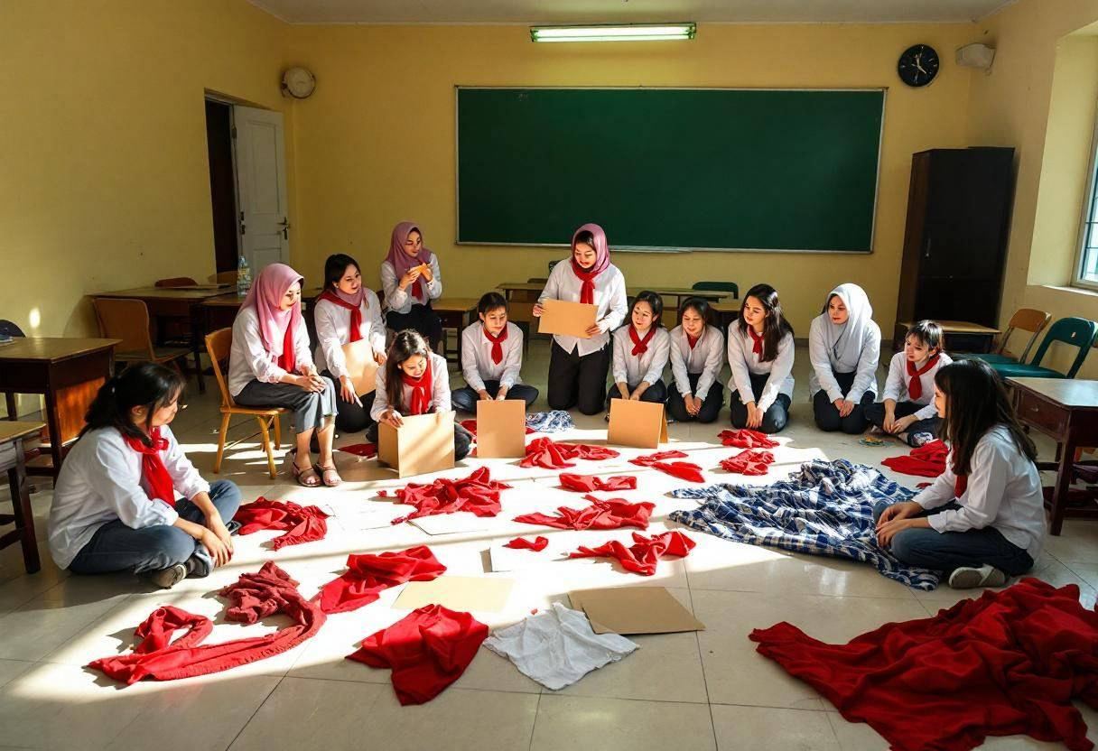 Drama props and costumes scattered on cream tile floor in Vietnamese urban classroom with cream-yellow painted walls