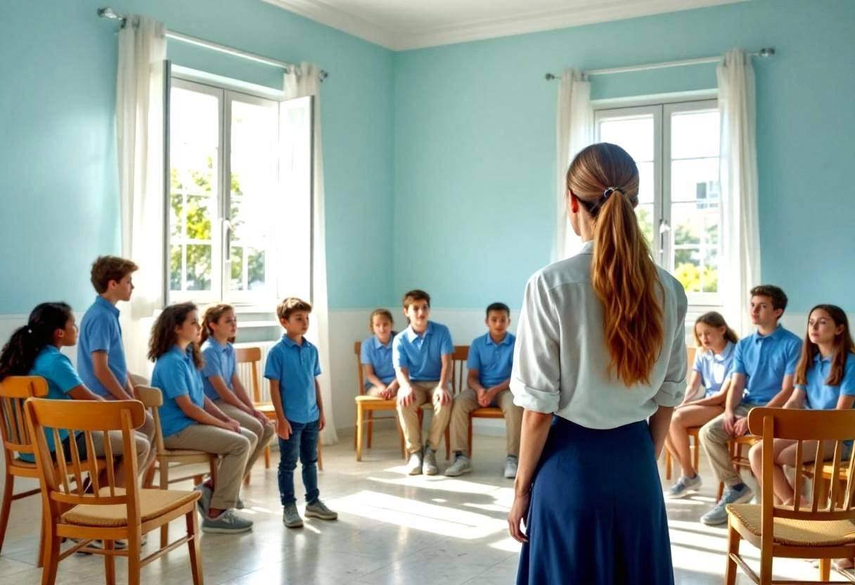 A Greek teacher in a white cotton blouse and navy skirt seen from behind leading ten to thirteen-year-old preteens in bl