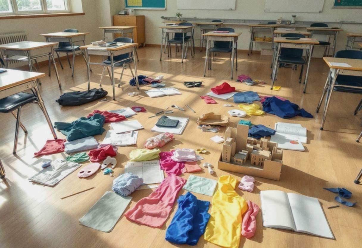 Drama props and costumes scattered across light wooden classroom floor in a Japanese school with pale cream walls and me