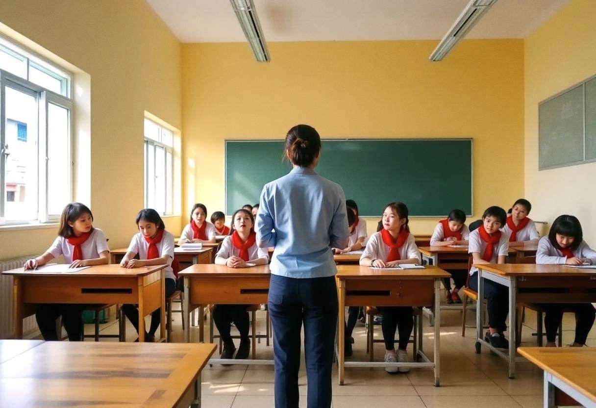 Vietnamese teacher in light blue blouse and dark trousers from behind leading twelve and thirteen-year-olds in white uni