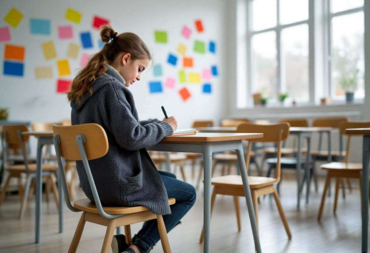 One preteen girl around age 11 in a thick wool sweater and dark jeans sits at a mismatched wooden chair writing in a not