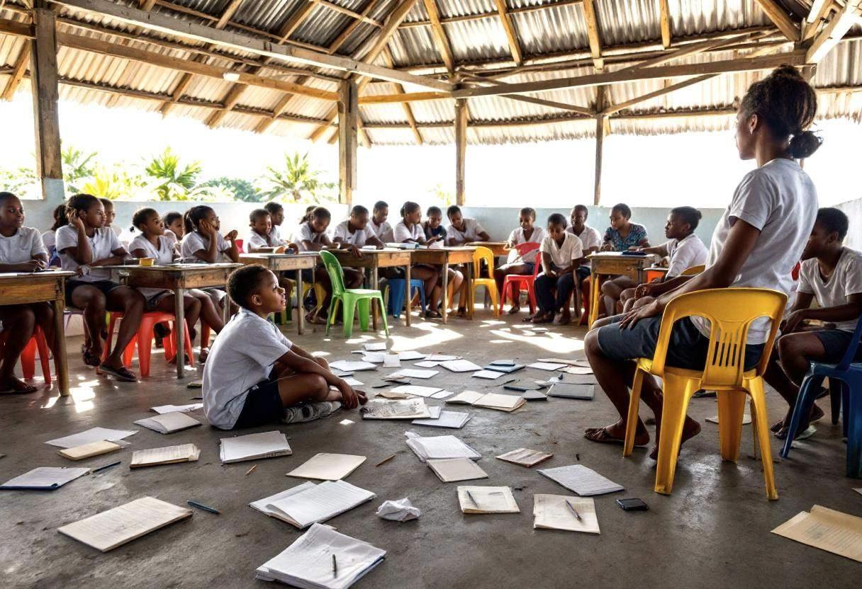 Corner of an open-air Pacific island classroom showing scattered notebooks