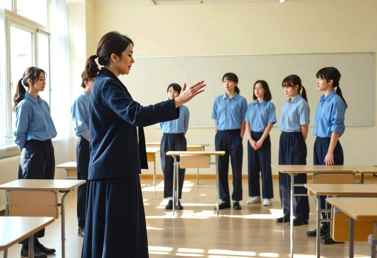 A middle-aged Japanese teacher in a navy cardigan and long dark skirt leads ten-to-twelve-year-olds in blue collared uni