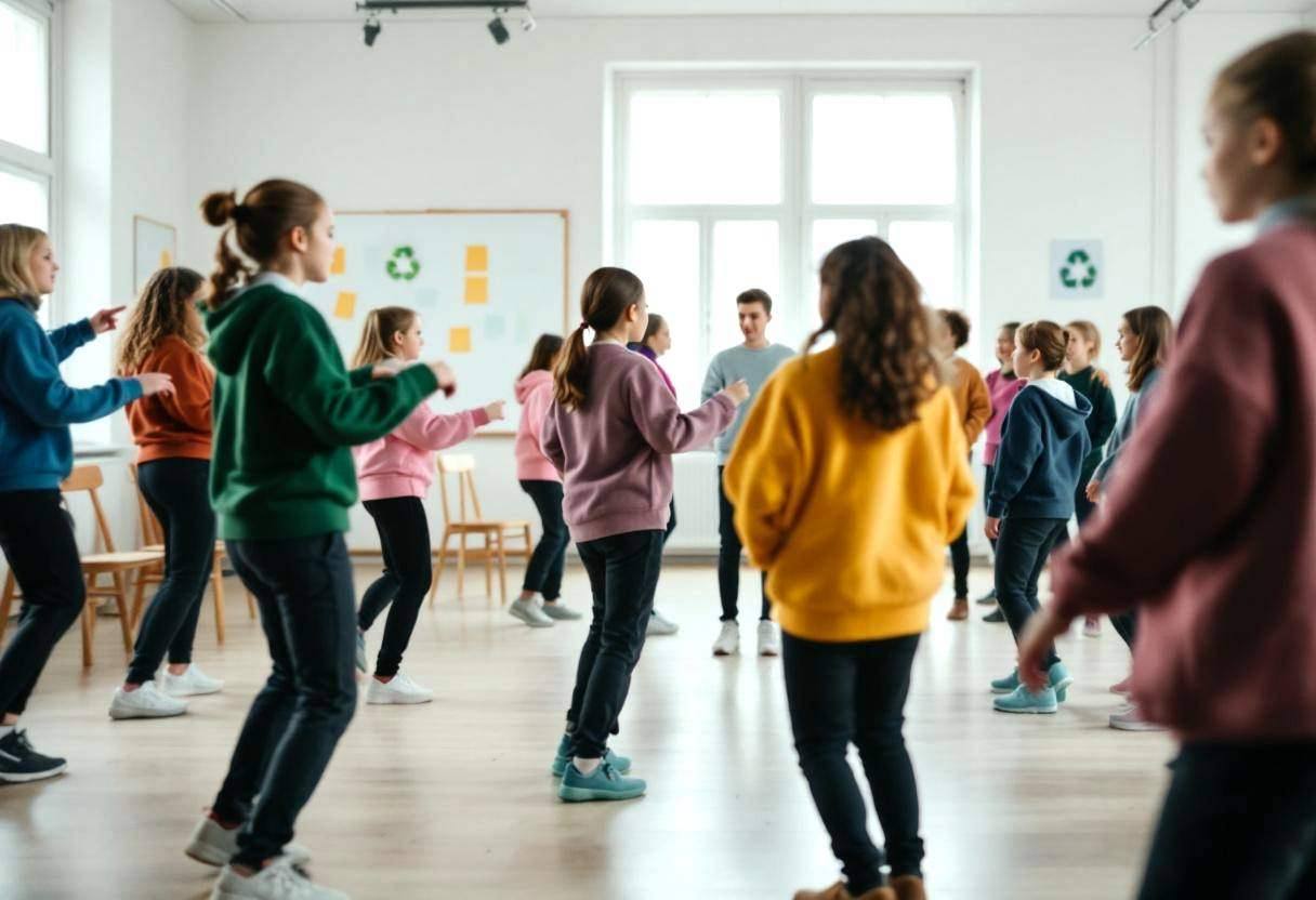 Twelve preteen students ages 10-13 in colorful wool sweaters and dark trousers moving through interpretive dance gesture