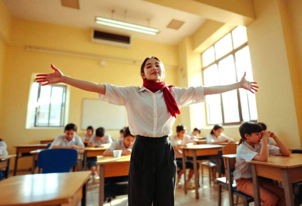 One preteen girl about eleven years old in white button-down shirt and red scarf uniform stretching her arms wide in an 