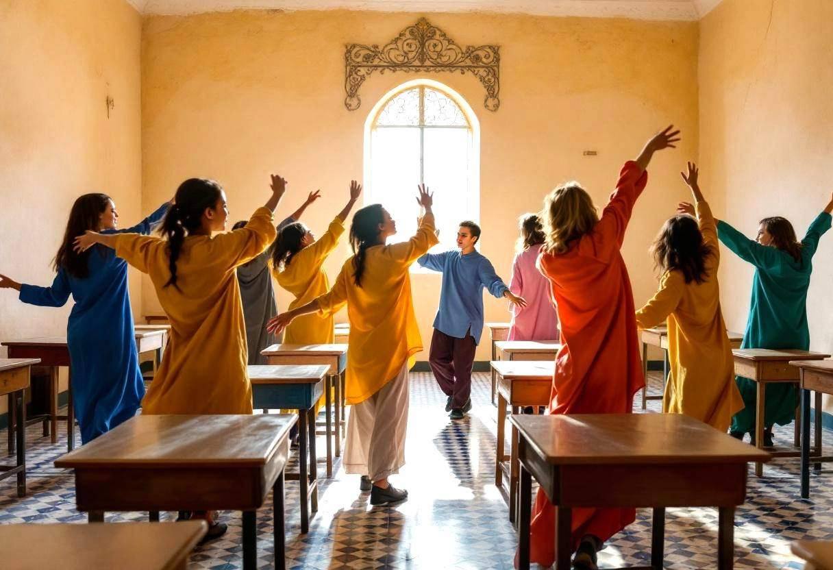 Middle-school-age preteens ages 11 to 13 in colorful cotton tunics and loose trousers moving their arms in flowing gestu