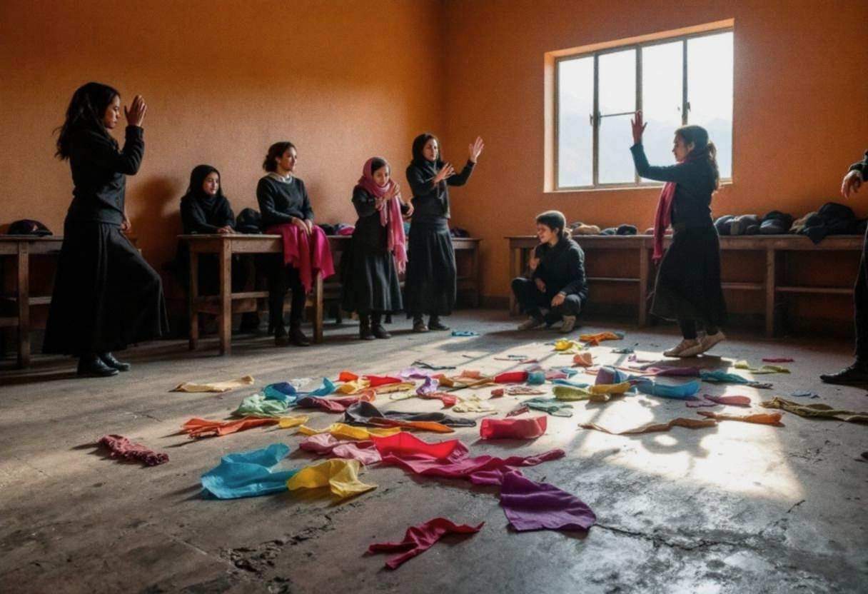 Dance scarves and fabric strips scattered across scuffed concrete floor alongside handmade recycled-material props and e