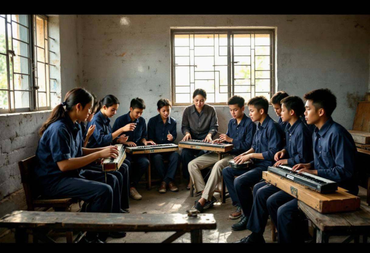 Lanky fourteen to seventeen-year-olds in navy blue uniform shirts and dark trousers gathered around their teacher explor