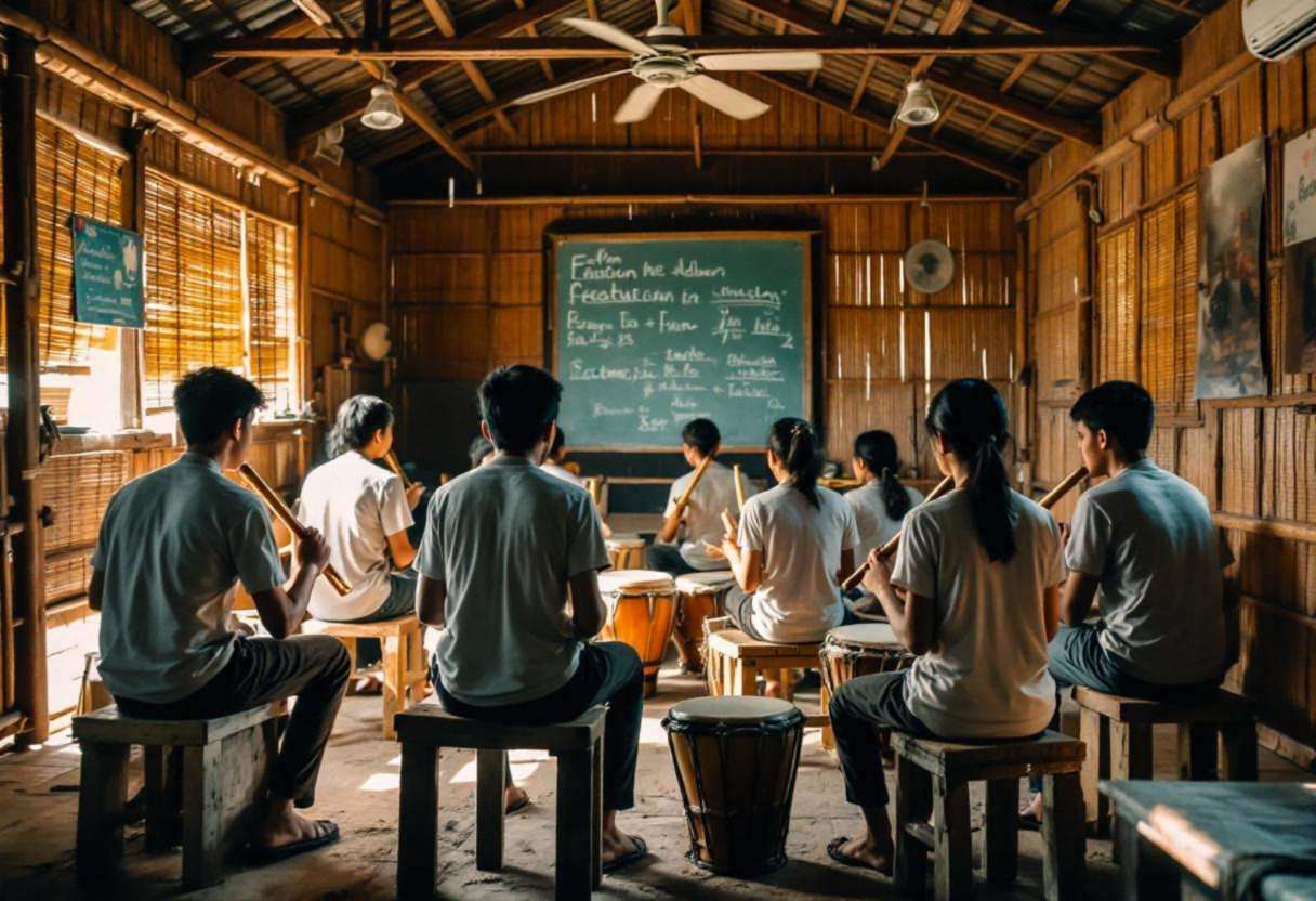 Lanky fourteen to seventeen-year-olds in simple cotton t-shirts and long trousers sitting on low wooden stools playing b