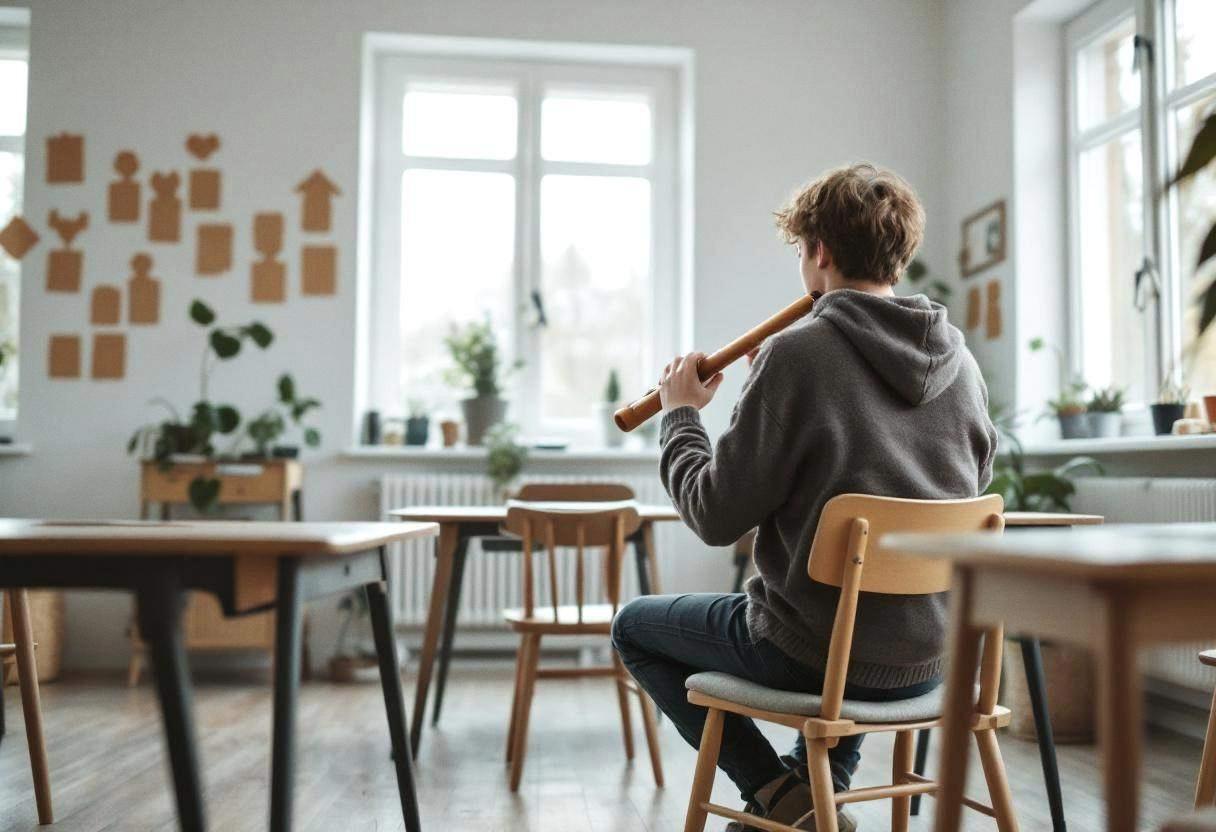One lanky fifteen-year-old in a thick wool sweater and dark jeans playing wooden recorder from behind