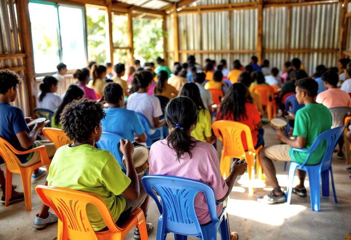 Lanky teenagers ages 14 to 17 in colorful cotton t-shirts and long pants sitting in mixed plastic chairs