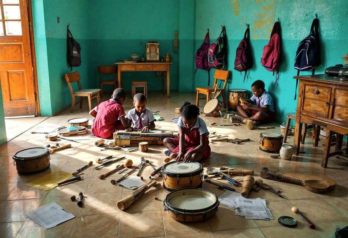Musical instruments and handmade rhythm makers scattered across shiny beige ceramic tile floor in a Haitian classroom wi