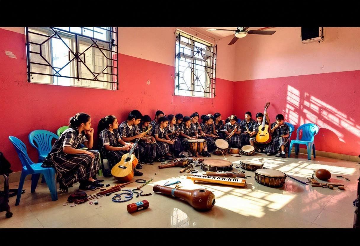 Musical instruments and handmade percussion items scattered across a shiny cream ceramic-tile floor in a Mexican communi