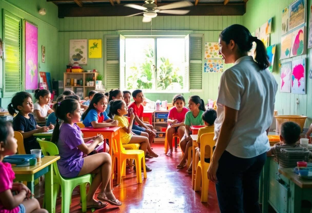 A Filipino teacher in a white cotton blouse and dark slacks leading ten to thirteen-year-old preteens in colorful t-shir