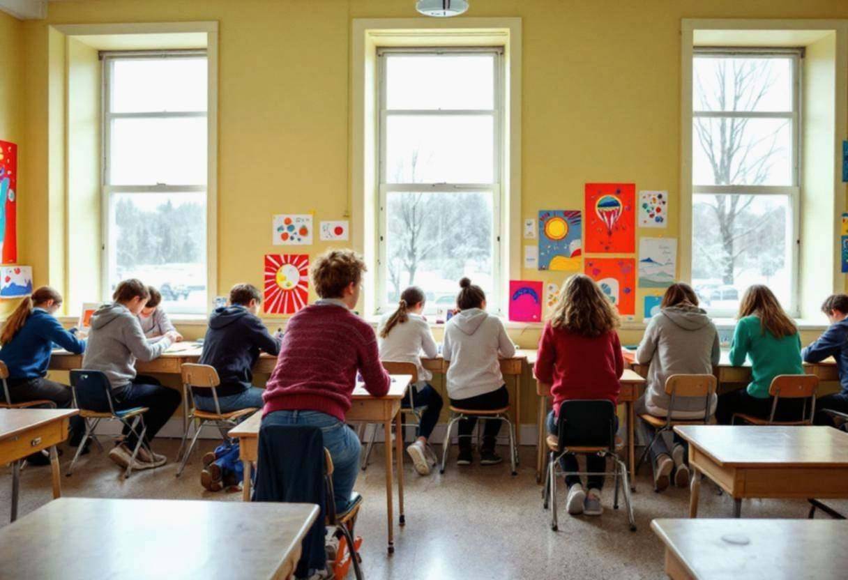 Twelve middle-school-age preteens in colorful sweaters and jeans working on bright pop art climate posters