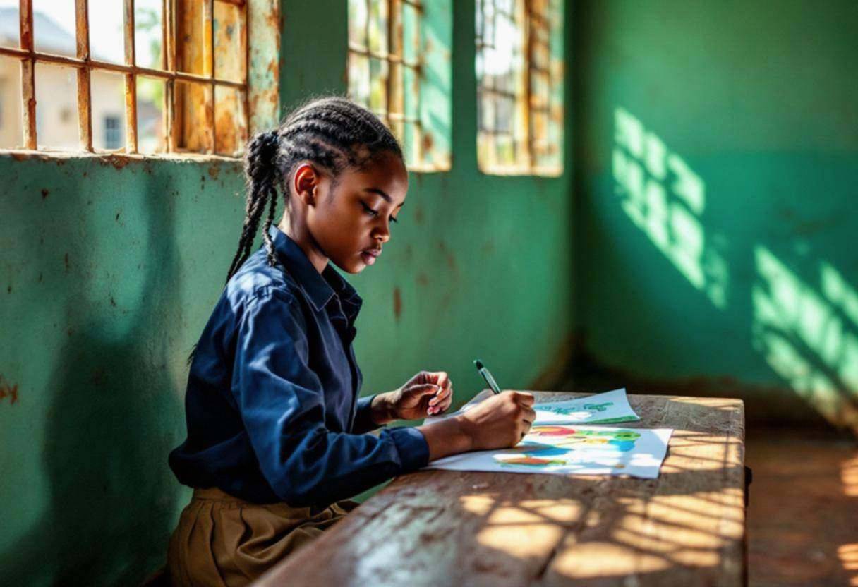 One focused preteen girl in a navy school uniform shirt and khaki skirt working on a colorful climate-themed pop art pos