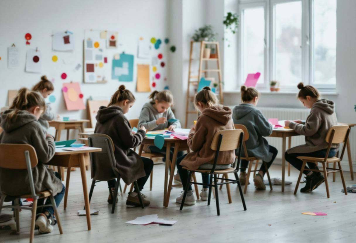 Small round-faced preteens ages 10 to 13 in thick wool sweaters and dark jeans working on colorful paper cutouts and col