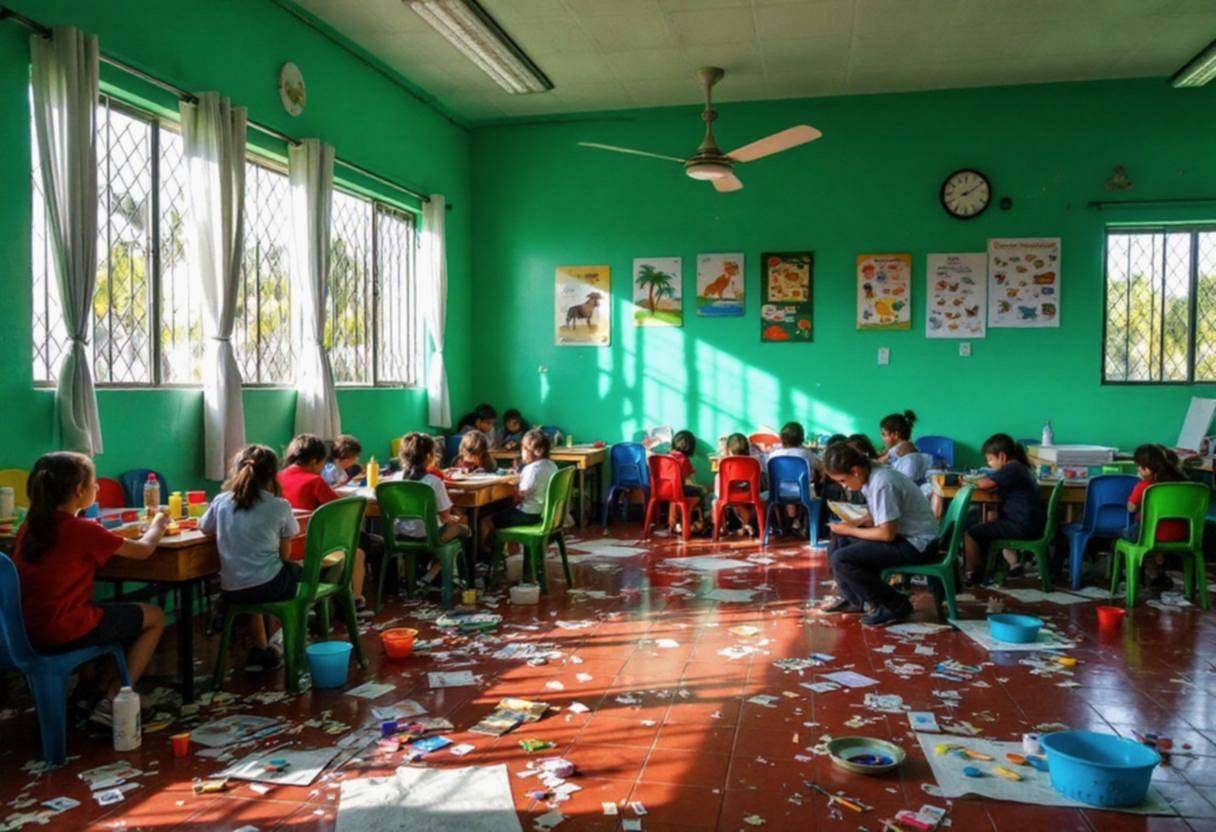 Art supplies scattered across a shiny red ceramic tile floor in a bright jade-green walled classroom with mixed green an