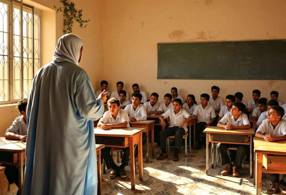 A Moroccan teacher in a flowing light blue djellaba seen from behind addressing ten to thirteen-year-old preteens in whi