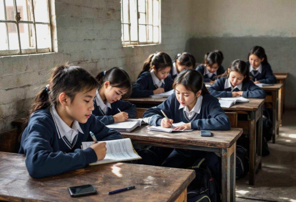Preteens ages 10 to 13 in navy blue school uniforms and white collared shirts hunched over notebooks writing climate act