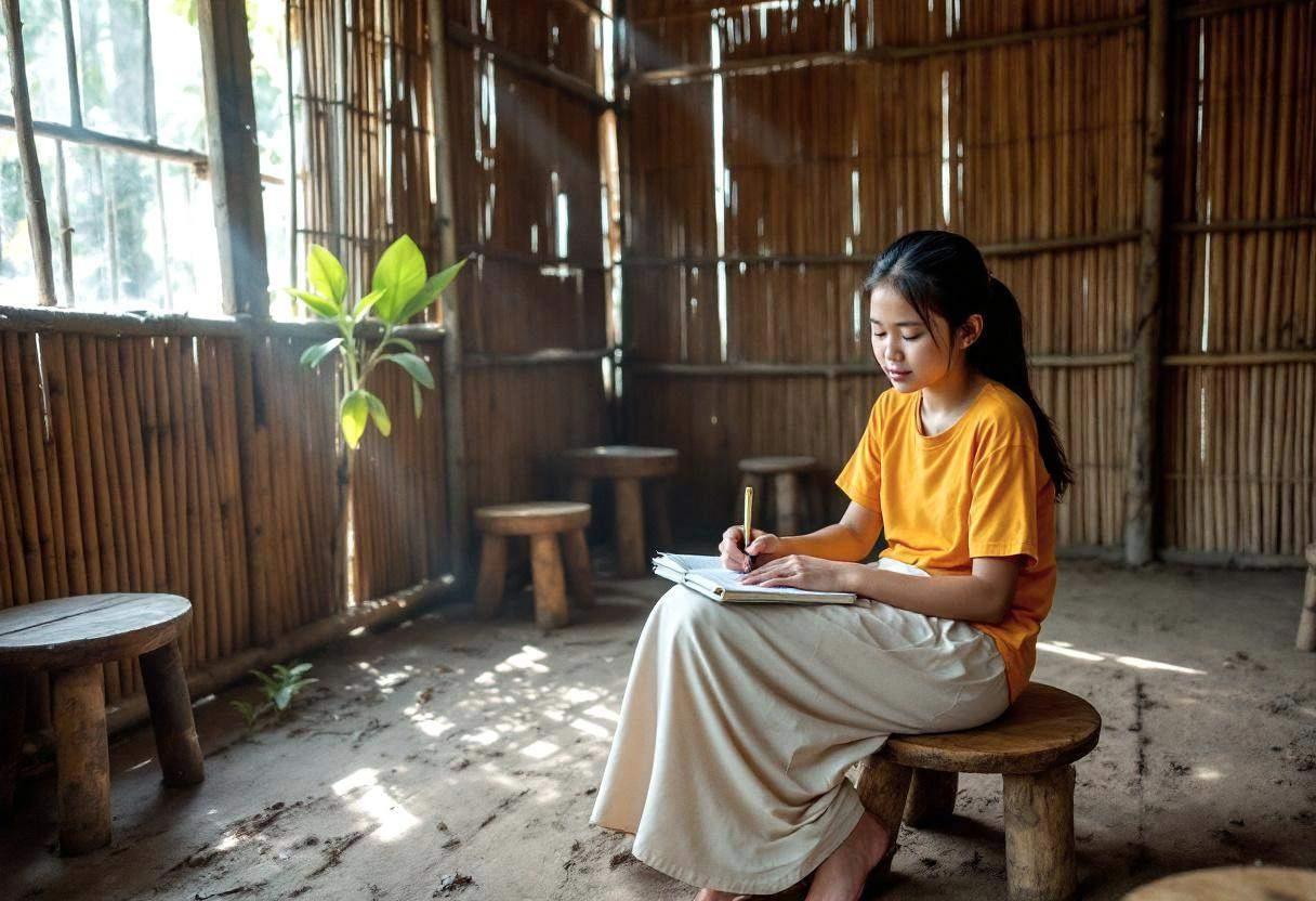 One twelve-year-old girl in a bright cotton t-shirt and long skirt writing in a notebook