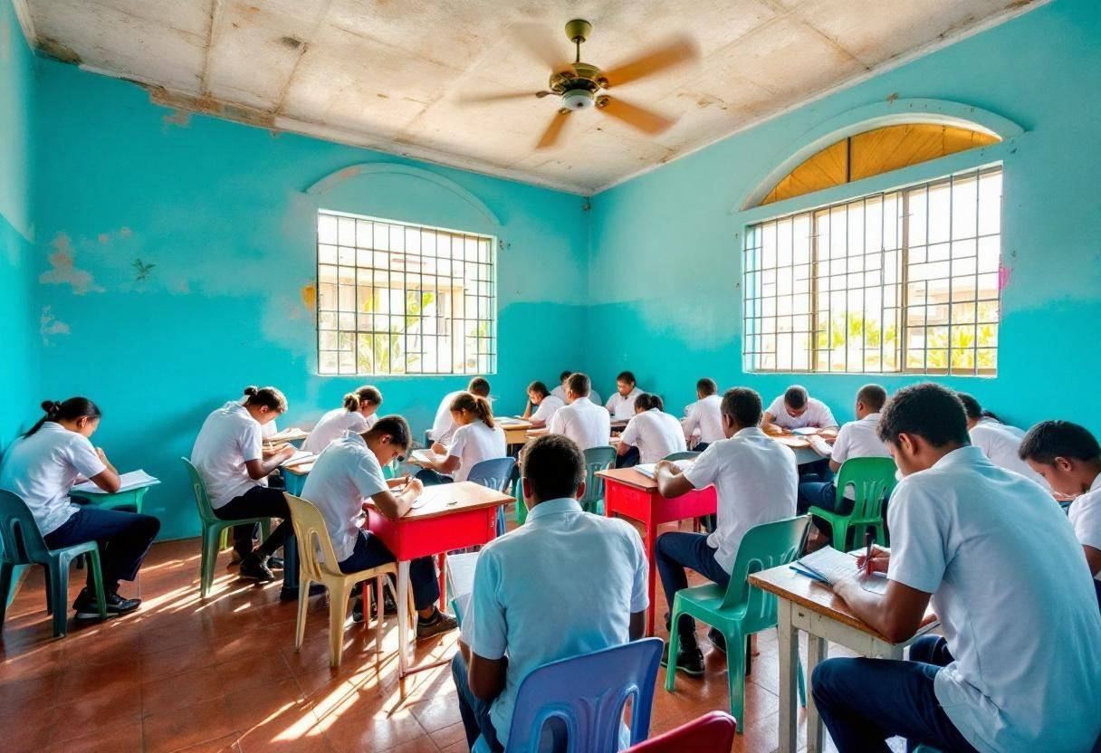 Ten to thirteen-year-old preteens in white polo shirts and navy trousers hunched over notebooks writing climate action s