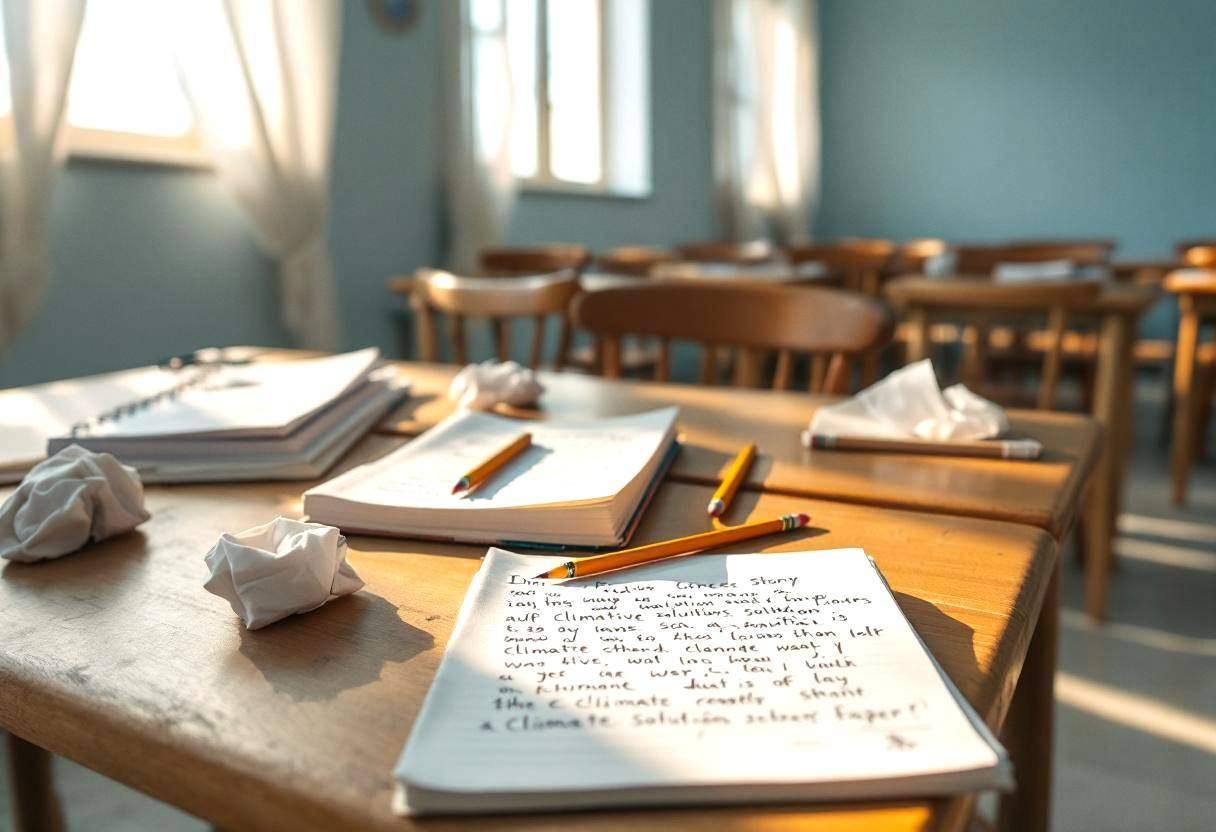 Creative writing notebooks and pencils scattered across a wooden desk surface