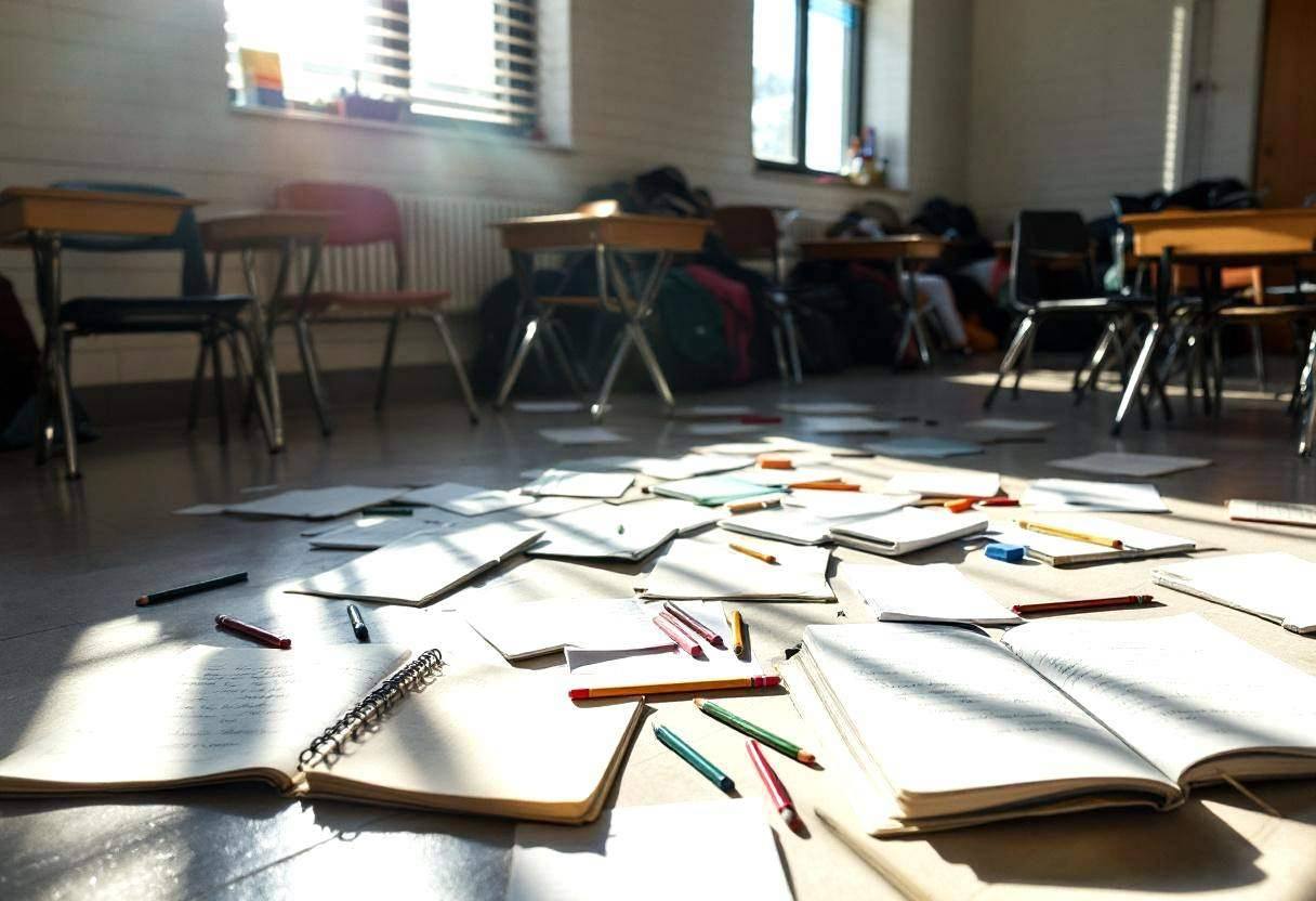 Scattered creative writing materials on a vinyl tile floor: open notebooks with handwritten stories