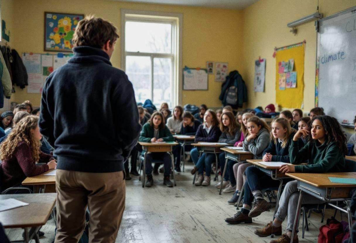 Canadian teacher in dark wool cardigan and khaki trousers seen from behind leading ten-to-thirteen-year-old preteens in 