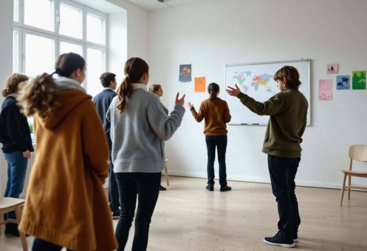 Preteens ages 10 to 13 in wool sweaters and dark trousers acting out climate scenarios from behind