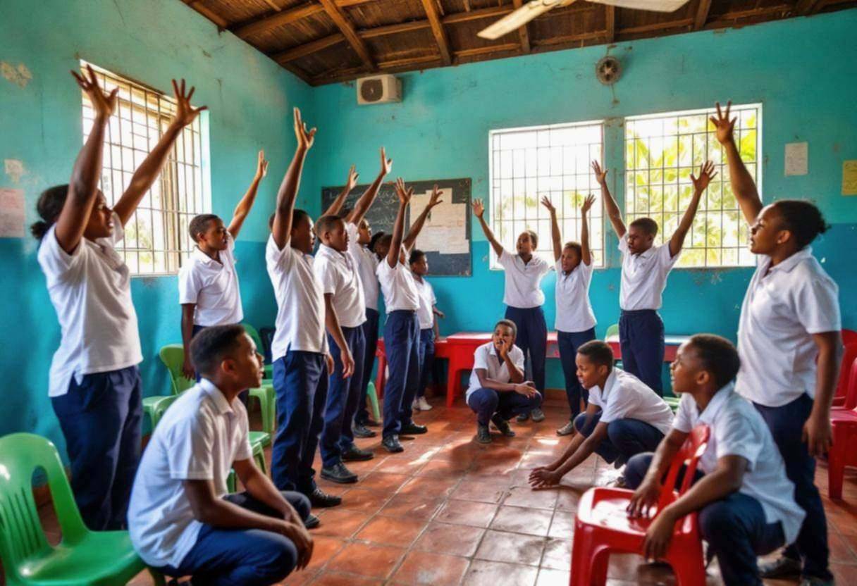 Ten to thirteen-year-old Dominican students in white polo shirts and navy trousers performing dramatic gestures mid-scen
