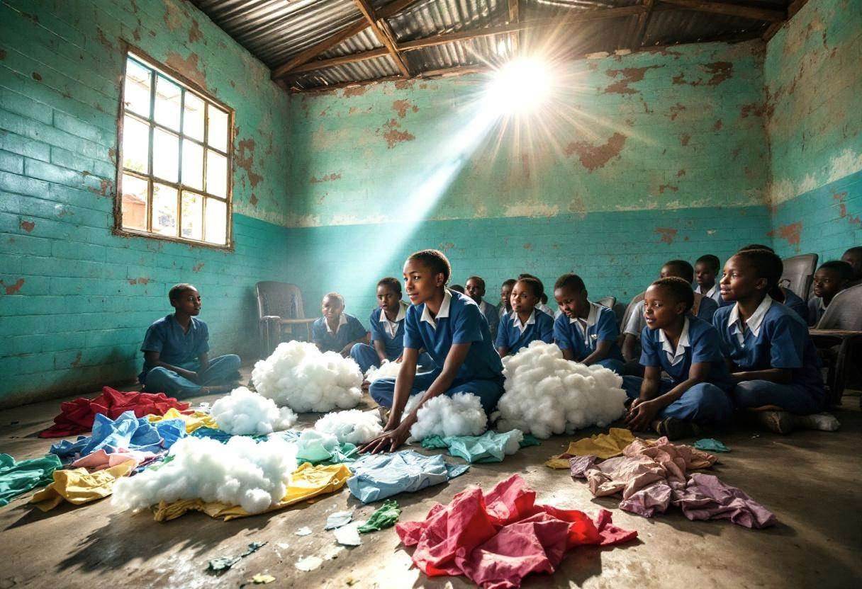 Drama props scattered on concrete floor in rural West African classroom with turquoise cinderblock walls showing peeling