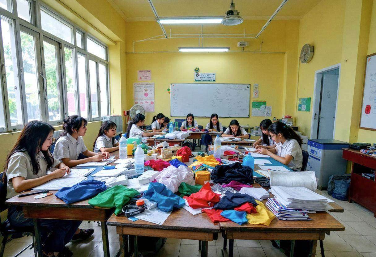 Drama props and climate science materials scattered across a wooden desk in a Vietnamese urban classroom with cream-yell