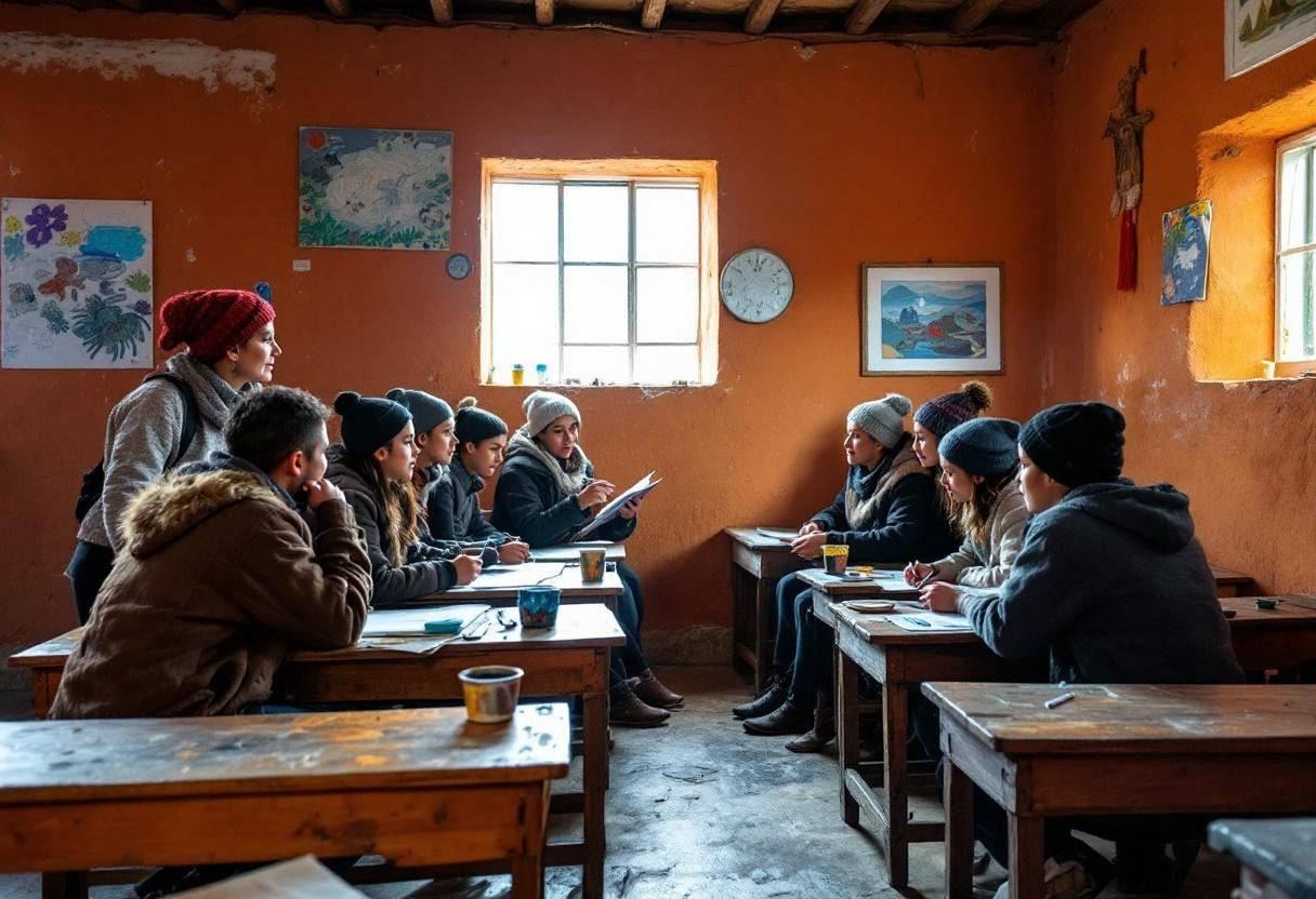 Lanky teenagers ages 14 to 17 in thick wool sweaters and knit caps clustered around their teacher in a traditional cotto