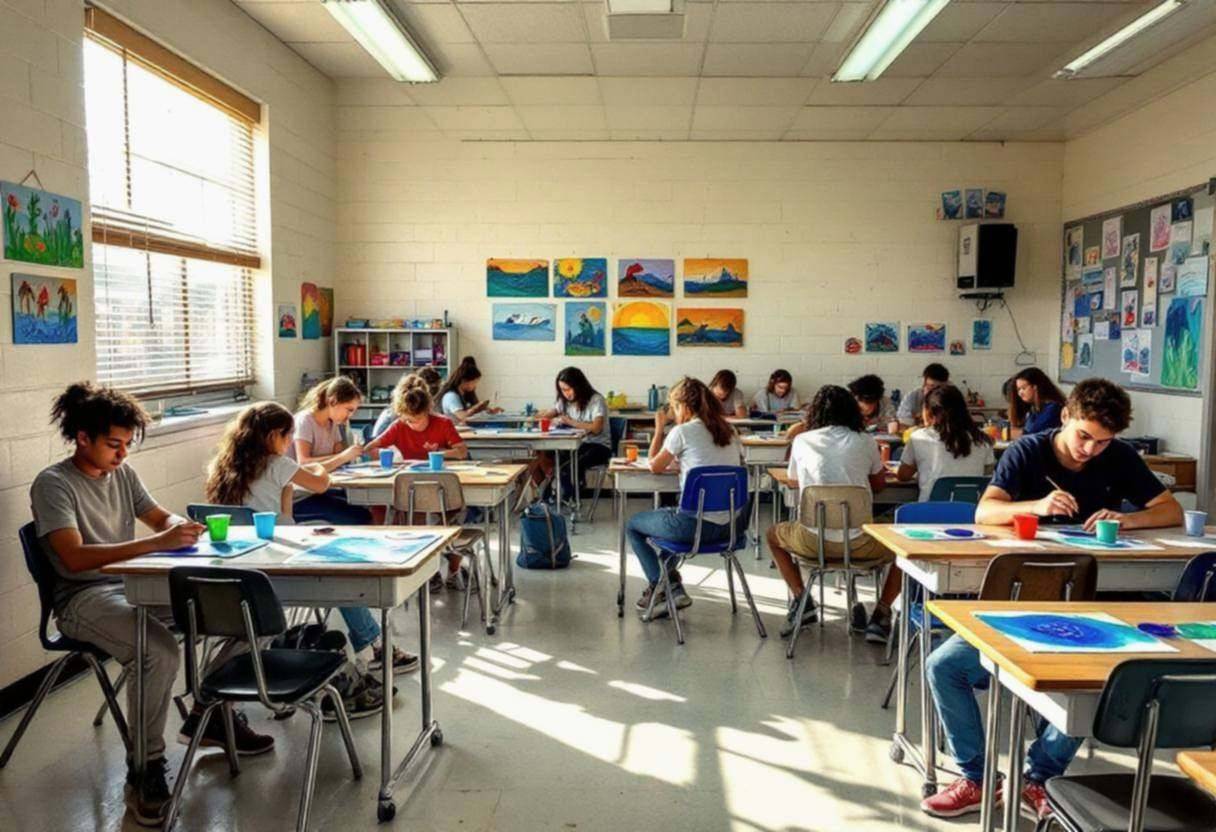 Lanky teenagers ages 14 to 17 in casual t-shirts and jeans seated at scattered desks creating ocean-themed artwork with 