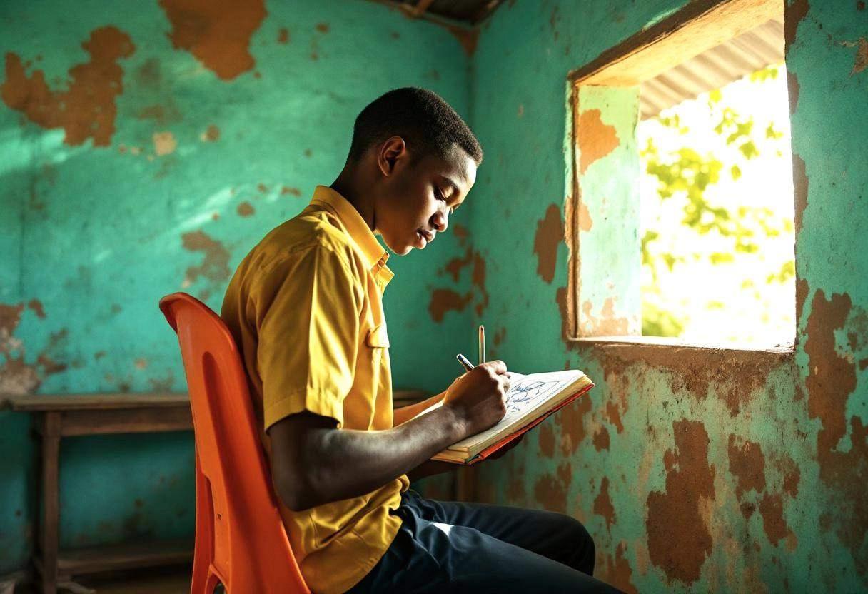 Lanky sixteen-year-old in bright yellow uniform shirt and navy trousers sketching ocean life in a notebook
