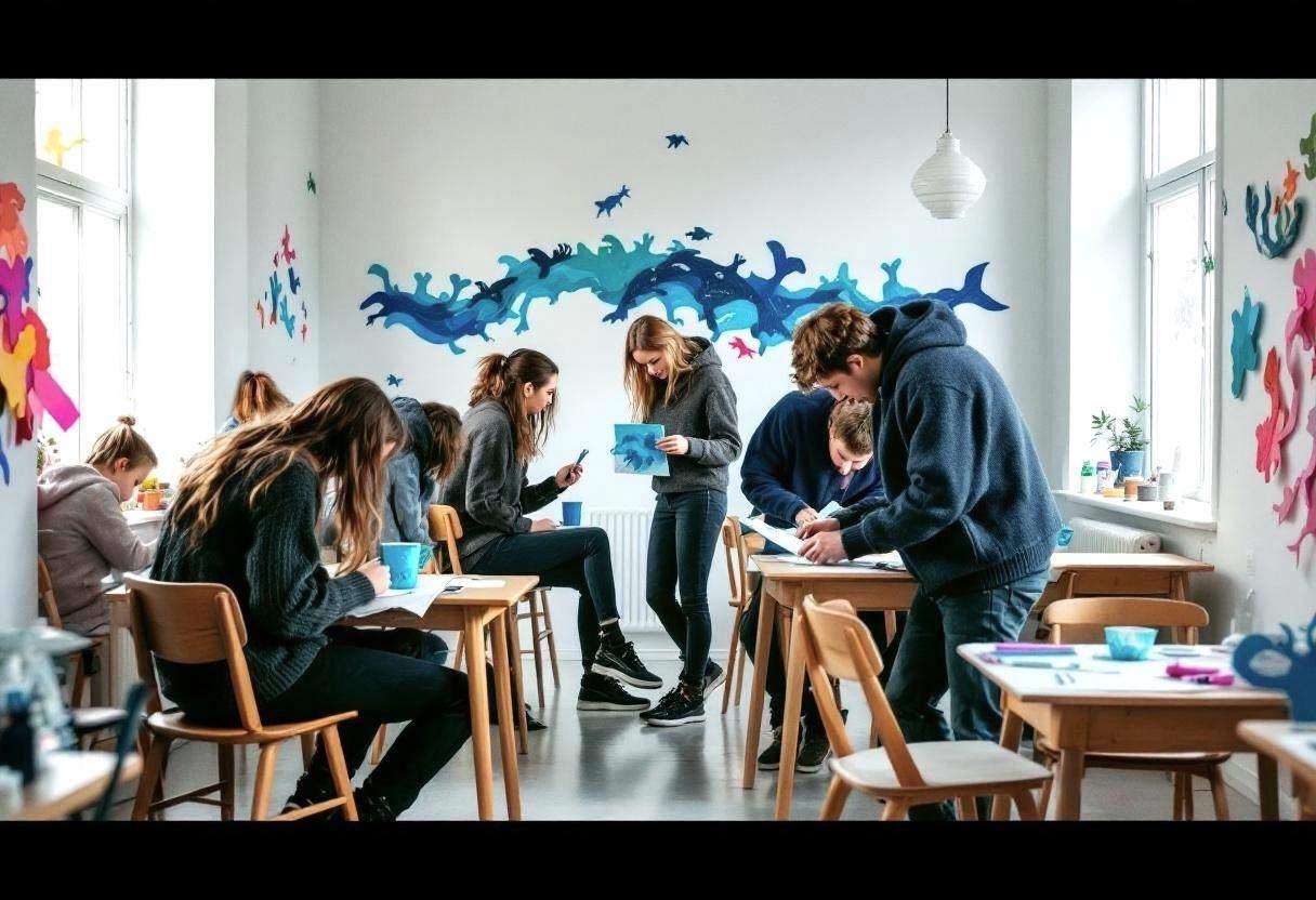 Lanky fourteen to seventeen-year-olds in thick wool sweaters and dark jeans creating ocean-themed art projects