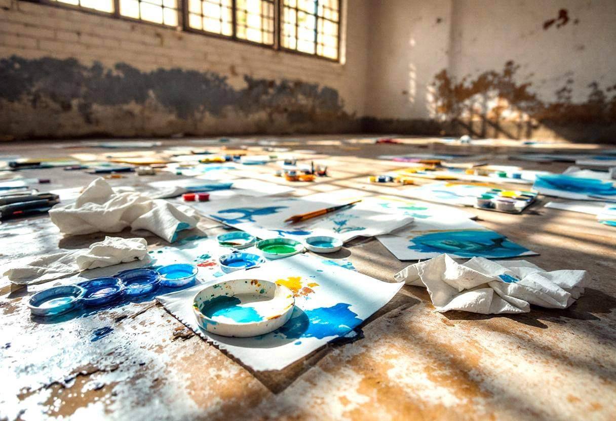 Art supplies scattered across a concrete classroom floor - watercolor palettes with ocean blues and greens
