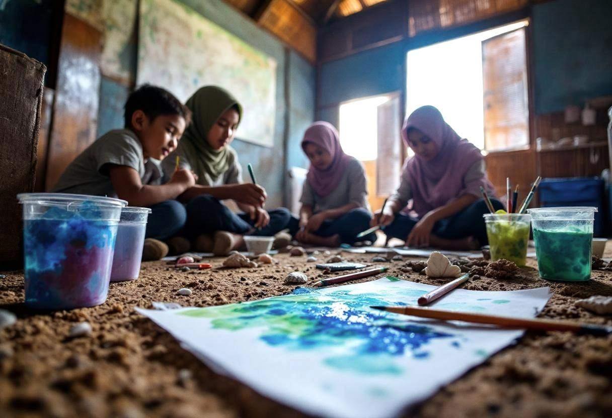 Art supplies for ocean conservation project scattered across packed-earth floor of Indonesian rural classroom