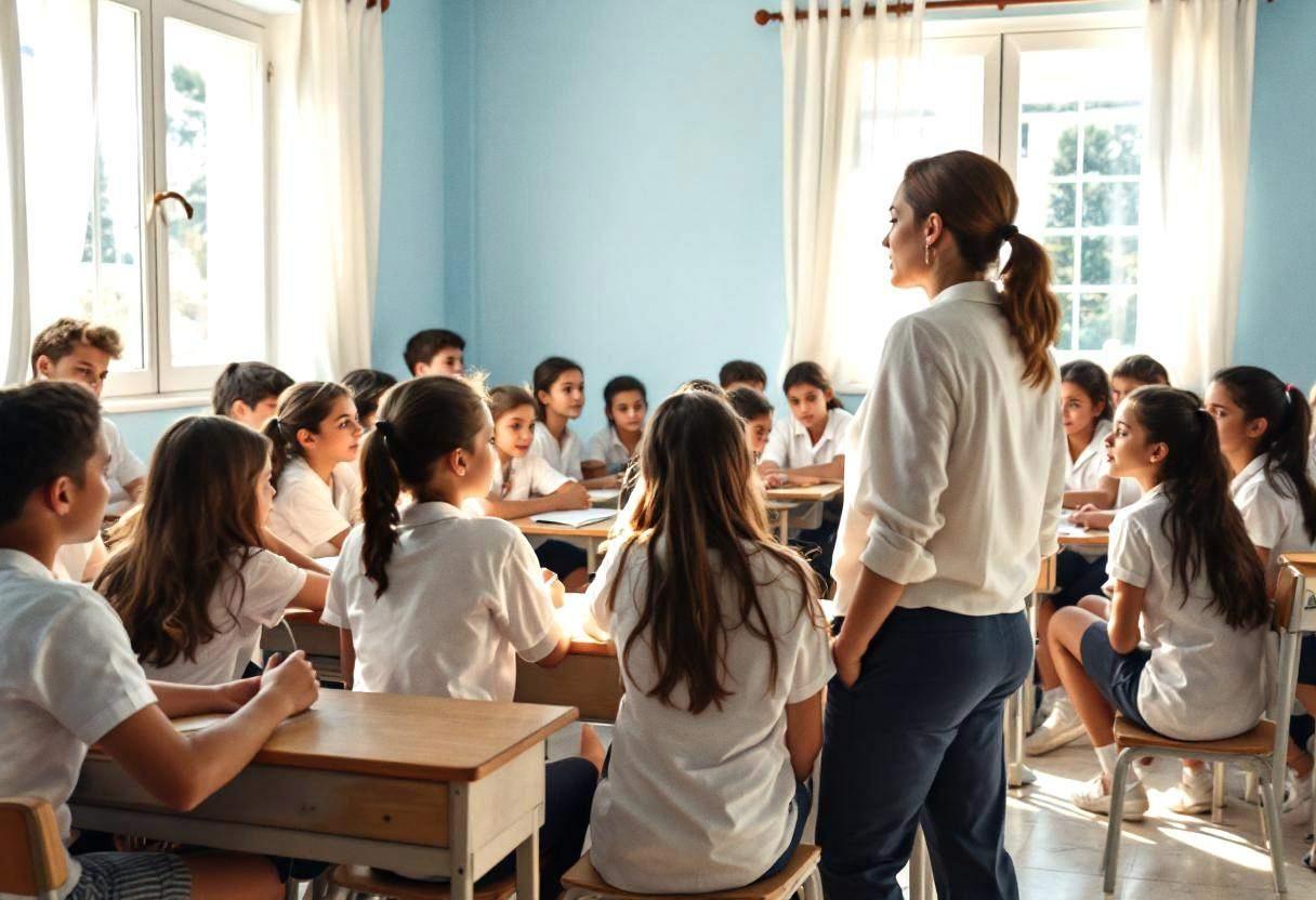Middle-school-age preteens in white cotton shirts and navy trousers gathered around their teacher in a traditional Greek