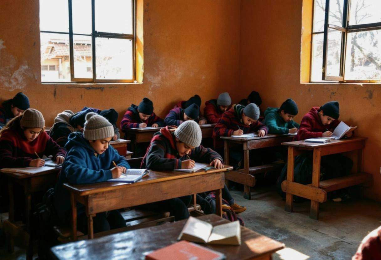 Twelve middle-school students in colorful wool sweaters and knit caps seated on wooden benches